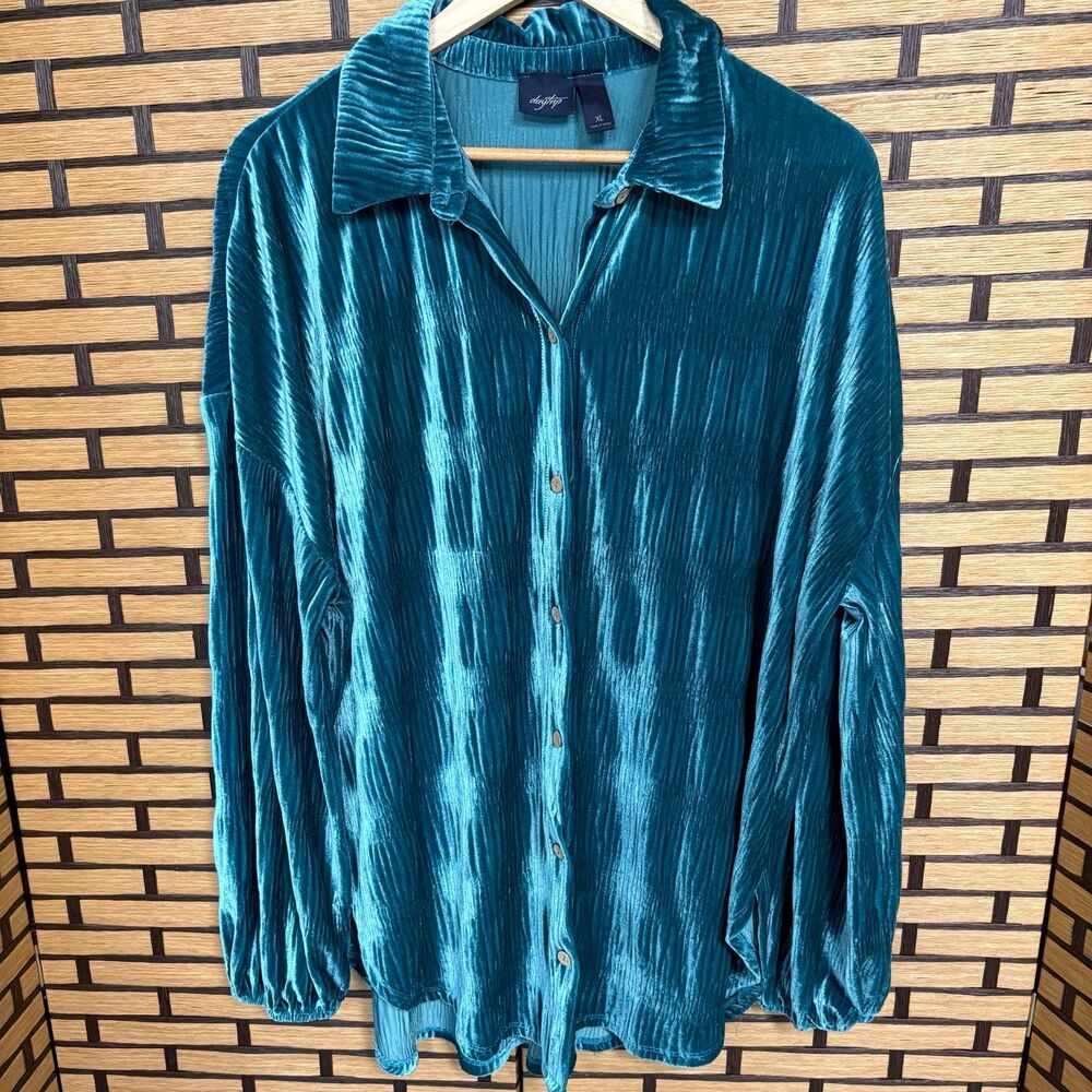 Daytrip Teal Velvet Button Down Tunic Top Size XL